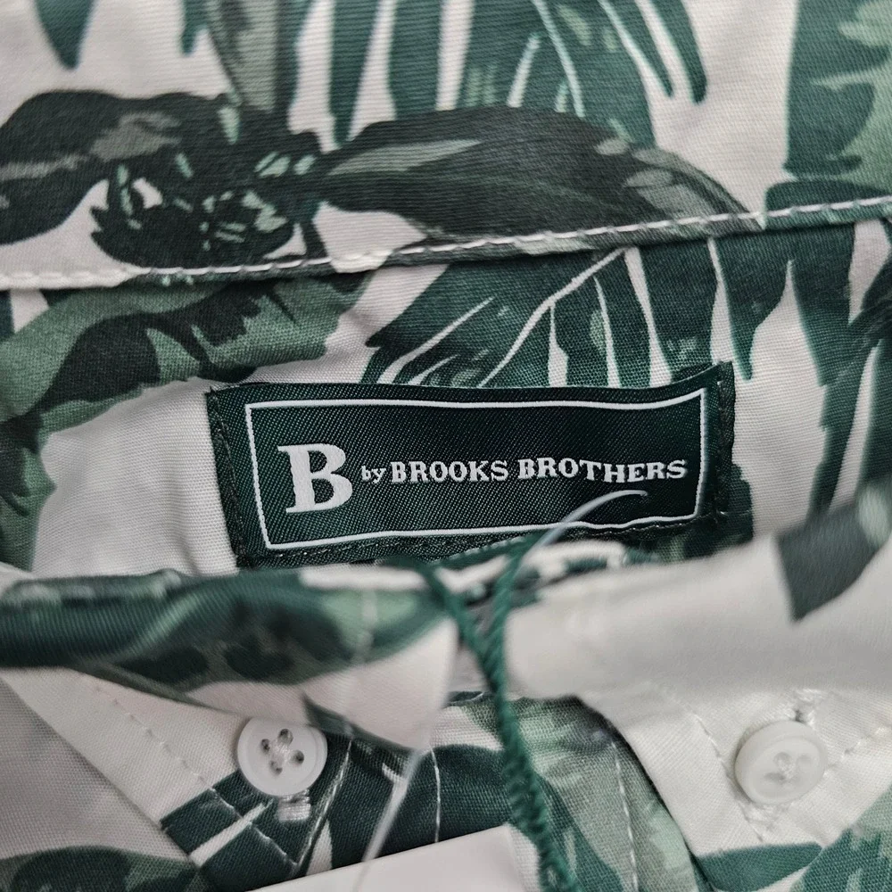 B Brooks Brothers Boys Shirt Tropical Palm Leaf Print Button Down White Green 10